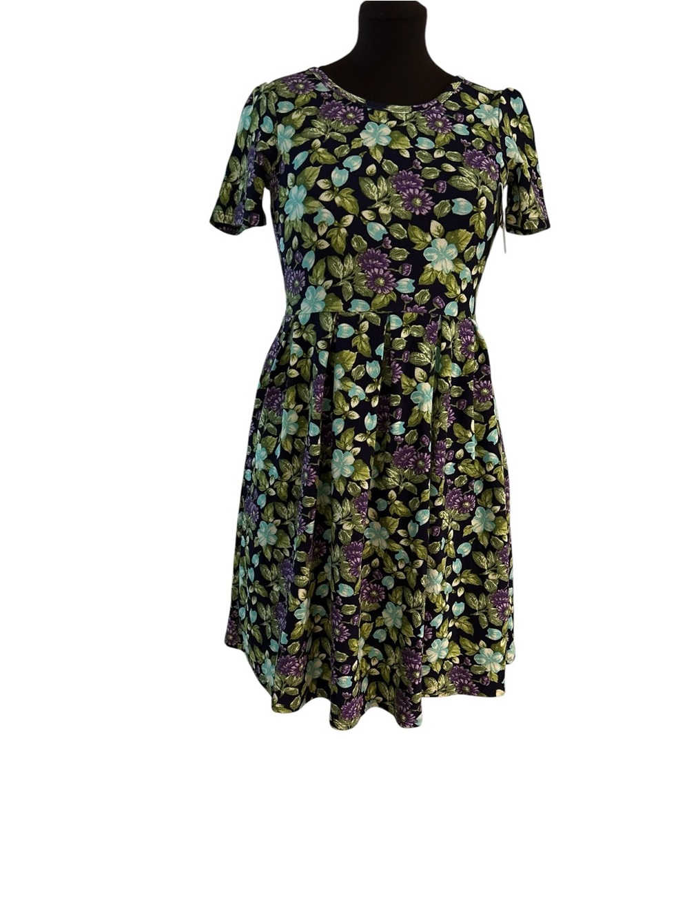 LuLaRoe Amelia Size M Womens Dress Purple Teal Green Floral On Navy New 10-12